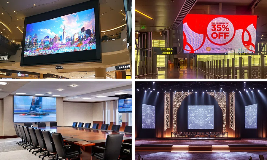 Collage of fixed LED screens in commercial, transit, and event spaces