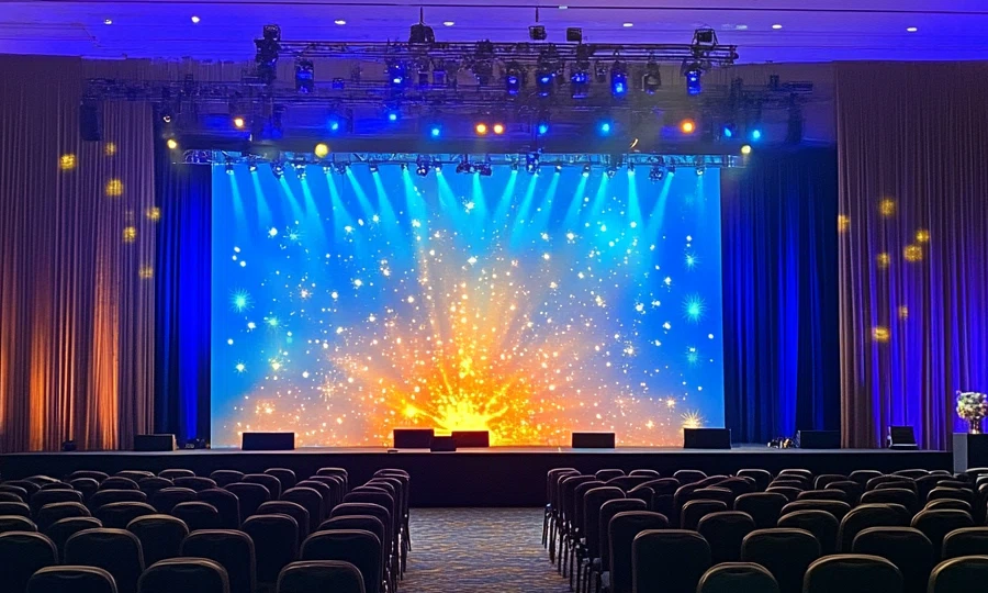 Fixed LED screen in a night club and banquet hall offering clear visuals for presentations