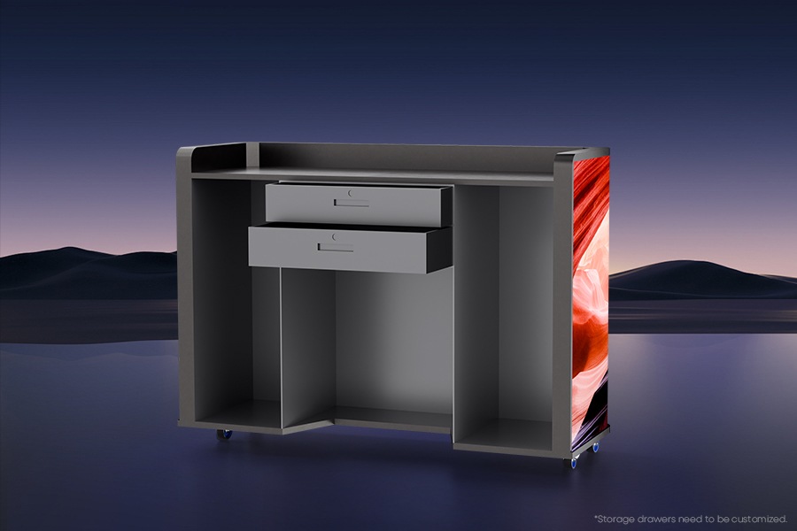 Organize your gear with built-in LED screen DJ booth drawers