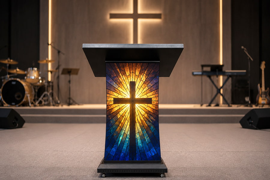 Church LED podium displaying sermon graphics in sanctuary