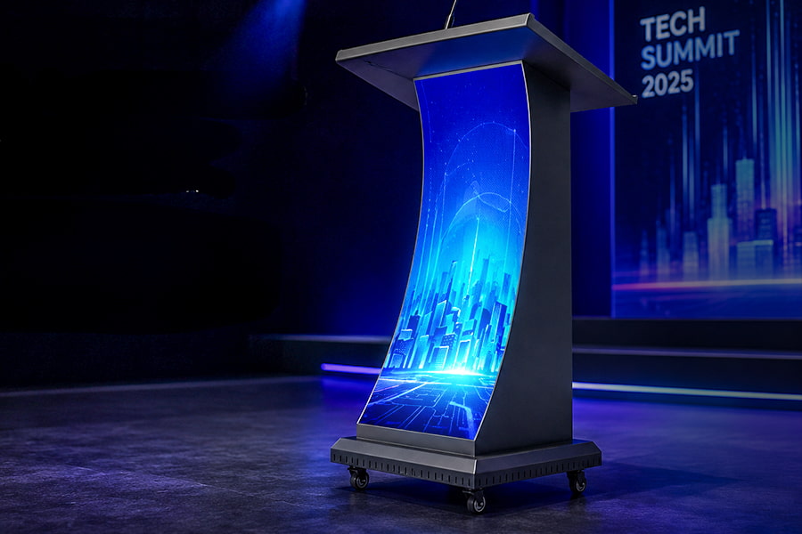 High refresh rate LED podium screen shining in dark room