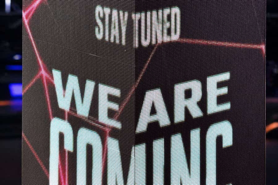 High-resolution P2.5 LED Screen Cube displaying sharp text and logos