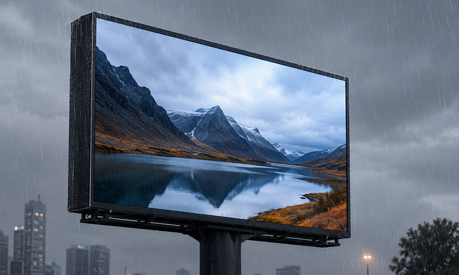 IP65-rated outdoor P4 LED display working in the rain
