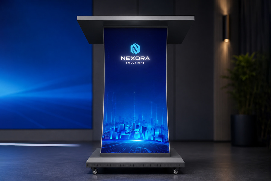 P2.5 HD LED screen showing sharp brand logo on podium