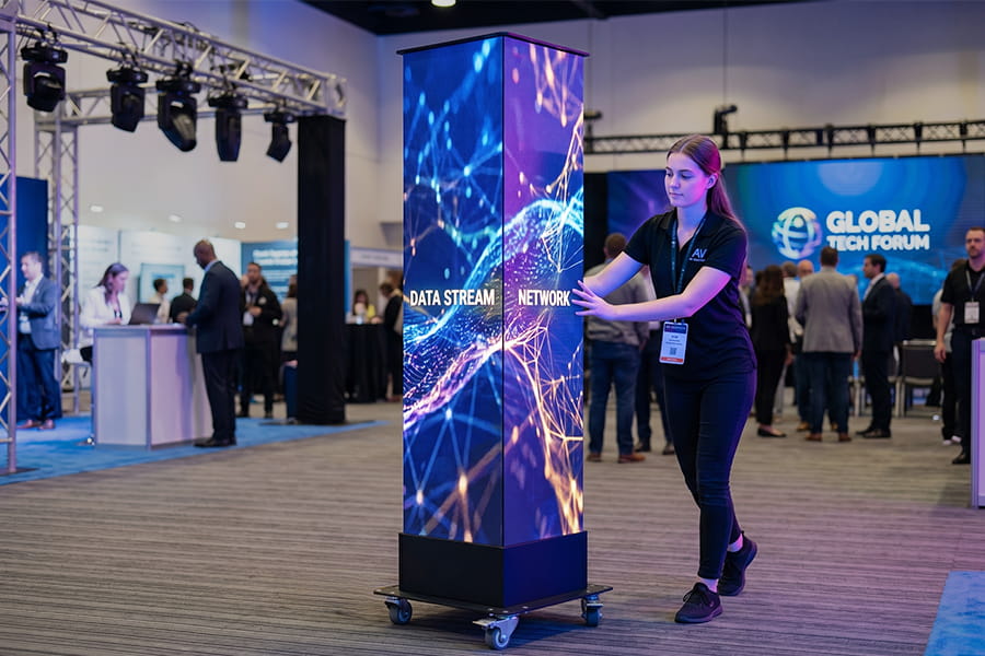 Portable LED Cube Display with wheels for easy one-person setup