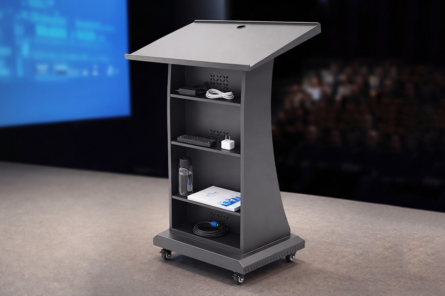 Rear storage shelf on LED podium holding event accessories