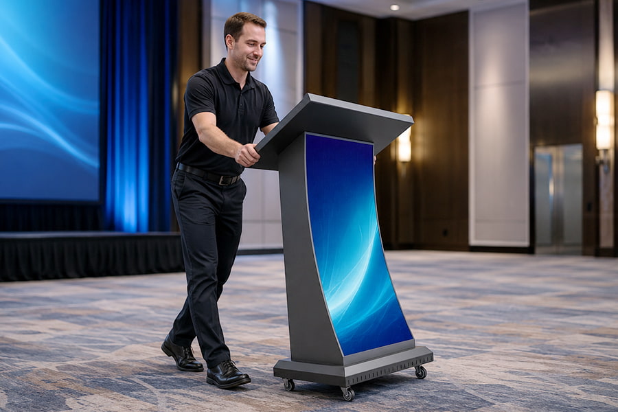 Staff easily moving 34kg lightweight LED podium structure
