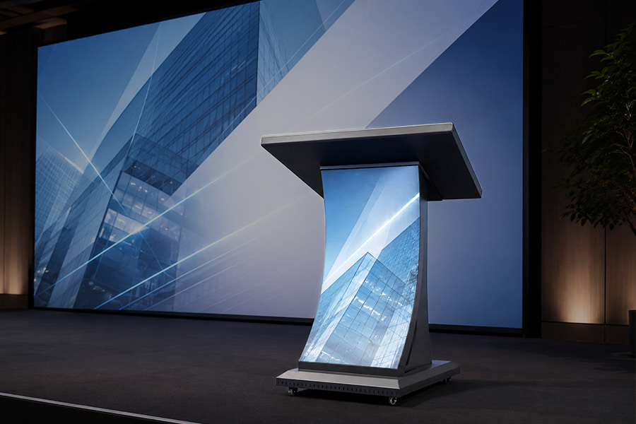 Stage LED podium showing company branding at conference