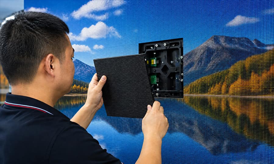 Technician doing front maintenance on a P4 LED module