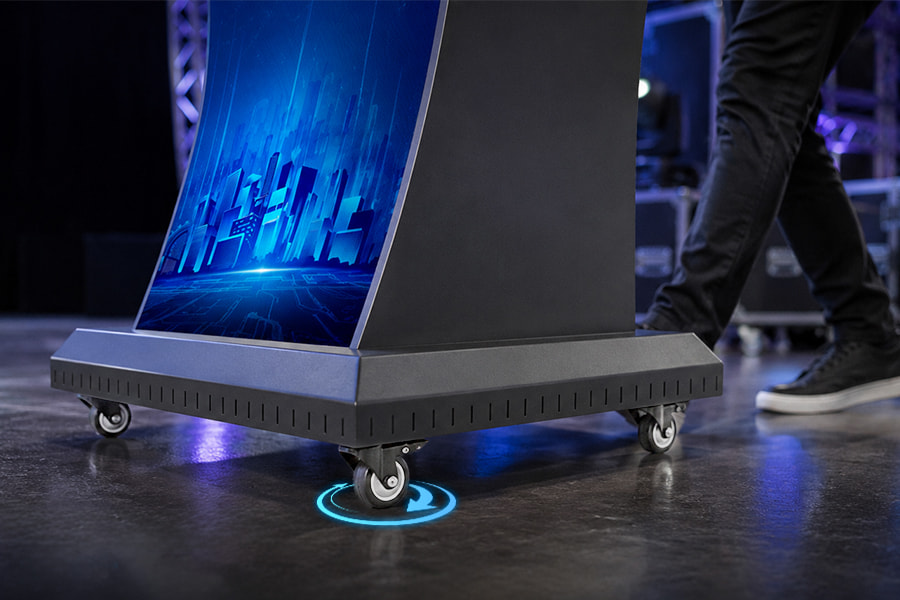 Universal wheels on LED podium for fast stage setup